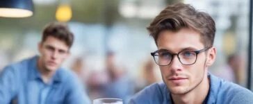 Ein sonnendurchflutetes Porträt eines jungen, sympathischen Mannes mit moderner, schlanker Smart-Brille, der entspannt in einem urbanen Café sitzt und vertrauensvoll in die Ferne blickt, umgeben von warmen Holztönen und natürlichem Tageslicht, das seine offene, zukunftsorientierte Ausstrahlung unterstreicht.