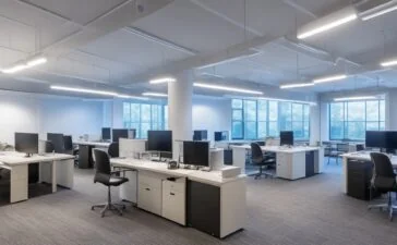 Ein hell erleuchtetes, modernes Büro mit einem dynamischen, vielfältigen IT-Team in entspannter Zusammenarbeit vor Bildschirmen und digitalen Tools – warmes Tageslicht durchflutet den Raum und vermittelt Optimismus und Fortschritt in einer Zeit des Wandels.