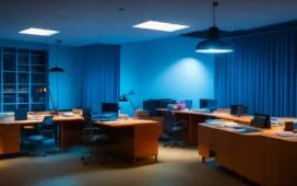 In einem modernen, hell erleuchteten Büro mit großen Fenstern arbeiten vielfältige Teams konzentriert zusammen, während natürliche Sonnenstrahlen warm auf Laptops und Notizbücher fallen, ein Gefühl von Aufbruch und positiver Zukunftsstimmung ausstrahlend, das den inspirierenden Austausch über KI-Agenten und innovative Arbeitsmodelle lebendig einfängt.
