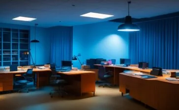 In einem modernen, hell erleuchteten Büro mit großen Fenstern arbeiten vielfältige Teams konzentriert zusammen, während natürliche Sonnenstrahlen warm auf Laptops und Notizbücher fallen, ein Gefühl von Aufbruch und positiver Zukunftsstimmung ausstrahlend, das den inspirierenden Austausch über KI-Agenten und innovative Arbeitsmodelle lebendig einfängt.