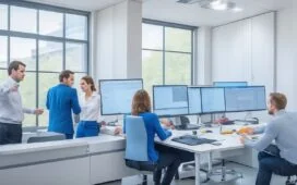 Ein freundliches, gut ausgeleuchtetes Büro mit einem entspannten Entwicklerteam in lebendiger Diskussion vor mehreren Bildschirmen, die technische Diagramme und Code zeigen, während warmes Tageslicht durch große Fenster strömt und eine Atmosphäre von Offenheit, Innovation und konstruktivem Dialog vermittelt.