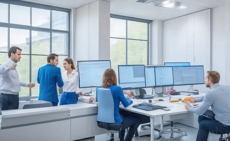 Ein freundliches, gut ausgeleuchtetes Büro mit einem entspannten Entwicklerteam in lebendiger Diskussion vor mehreren Bildschirmen, die technische Diagramme und Code zeigen, während warmes Tageslicht durch große Fenster strömt und eine Atmosphäre von Offenheit, Innovation und konstruktivem Dialog vermittelt.
