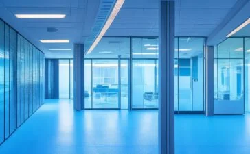 In einem hell erleuchteten, modernen Kontrollraum arbeiten zwei fokussierte IT-Spezialisten an mehreren Bildschirmen mit komplexen Sicherheitsgrafiken, während warme Sonnenstrahlen durch große Fenster fallen und eine Atmosphäre von Vertraulichkeit, Teamgeist und digitaler Entschlossenheit schaffen.