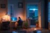 In einem hell erleuchteten, modernen Wohnzimmer sitzt eine entspannte Frau mit einem Laptop auf dem Schoß, umgeben von Paketen und versendetem Warenkorb, während warme Sonnenstrahlen sanft durchs Fenster fallen und eine Atmosphäre von Alltag, Vertrauen und subtiler Vorsicht im Online-Shopping schaffen.