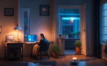 In einem hell erleuchteten, modernen Wohnzimmer sitzt eine entspannte Frau mit einem Laptop auf dem Schoß, umgeben von Paketen und versendetem Warenkorb, während warme Sonnenstrahlen sanft durchs Fenster fallen und eine Atmosphäre von Alltag, Vertrauen und subtiler Vorsicht im Online-Shopping schaffen.