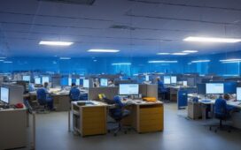In einem hell erleuchteten, modernen Büro intellektuell konzentrierte IT-Profis bei der gemeinsamen Arbeit an Laptops und Servern, umgeben von naturnahem Tageslicht und warmen Holztönen, das Vertrauen und die Dringlichkeit einer sicheren, gut gepflegten Cyber-Infrastruktur ausstrahlend.