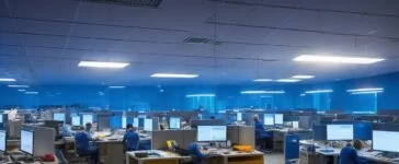 In einem hell erleuchteten, modernen Büro intellektuell konzentrierte IT-Profis bei der gemeinsamen Arbeit an Laptops und Servern, umgeben von naturnahem Tageslicht und warmen Holztönen, das Vertrauen und die Dringlichkeit einer sicheren, gut gepflegten Cyber-Infrastruktur ausstrahlend.