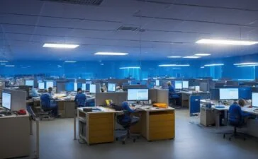 In einem hell erleuchteten, modernen Büro intellektuell konzentrierte IT-Profis bei der gemeinsamen Arbeit an Laptops und Servern, umgeben von naturnahem Tageslicht und warmen Holztönen, das Vertrauen und die Dringlichkeit einer sicheren, gut gepflegten Cyber-Infrastruktur ausstrahlend.