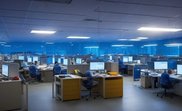 In einem hell erleuchteten, modernen Büro intellektuell konzentrierte IT-Profis bei der gemeinsamen Arbeit an Laptops und Servern, umgeben von naturnahem Tageslicht und warmen Holztönen, das Vertrauen und die Dringlichkeit einer sicheren, gut gepflegten Cyber-Infrastruktur ausstrahlend.