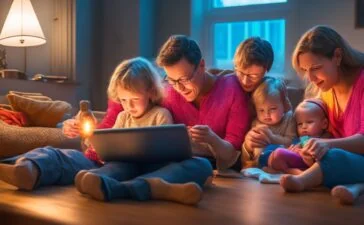 Eine sonnendurchflutete, einfühlsame Familienszene, in der Eltern und Kind gemeinsam entspannt an einem Tablet sitzen, das natürliche Licht betont die warme Atmosphäre eines behutsamen digitalen Miteinanders im modernen Zuhause.