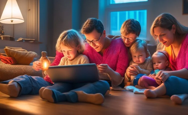 Eine sonnendurchflutete, einfühlsame Familienszene, in der Eltern und Kind gemeinsam entspannt an einem Tablet sitzen, das natürliche Licht betont die warme Atmosphäre eines behutsamen digitalen Miteinanders im modernen Zuhause.