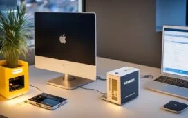 Helles, freundlich illuminiertes Büro mit modernem Mini-PC auf einem klaren Schreibtisch, umgeben von warmen Holzakzenten und sanftem Tageslicht, während eine konzentrierte Person die innovative KI-Technologie nutzt und so die zukunftsweisende Verbindung von kompakter Hardware und digitalem Fortschritt im Arbeitsalltag verkörpert.