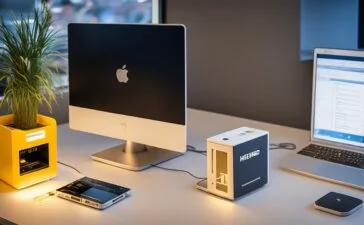 Helles, freundlich illuminiertes Büro mit modernem Mini-PC auf einem klaren Schreibtisch, umgeben von warmen Holzakzenten und sanftem Tageslicht, während eine konzentrierte Person die innovative KI-Technologie nutzt und so die zukunftsweisende Verbindung von kompakter Hardware und digitalem Fortschritt im Arbeitsalltag verkörpert.