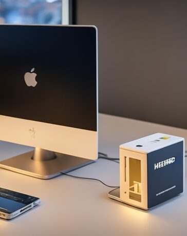 Helles, freundlich illuminiertes Büro mit modernem Mini-PC auf einem klaren Schreibtisch, umgeben von warmen Holzakzenten und sanftem Tageslicht, während eine konzentrierte Person die innovative KI-Technologie nutzt und so die zukunftsweisende Verbindung von kompakter Hardware und digitalem Fortschritt im Arbeitsalltag verkörpert.