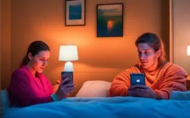 Eine stimmungsvolle, helle Szene in einem modernen Wohnzimmer: eine junge Frau sitzt entspannt mit einem warmen Lächeln vor einem Smartphone, das sanftes Tageslicht auf ihr Gesicht wirft, während sich um sie herum durch natürliche Details wie Pflanzen und Bücher eine Atmosphäre von menschlicher Nähe, Vertrautheit und zarter Melancholie entfaltet.