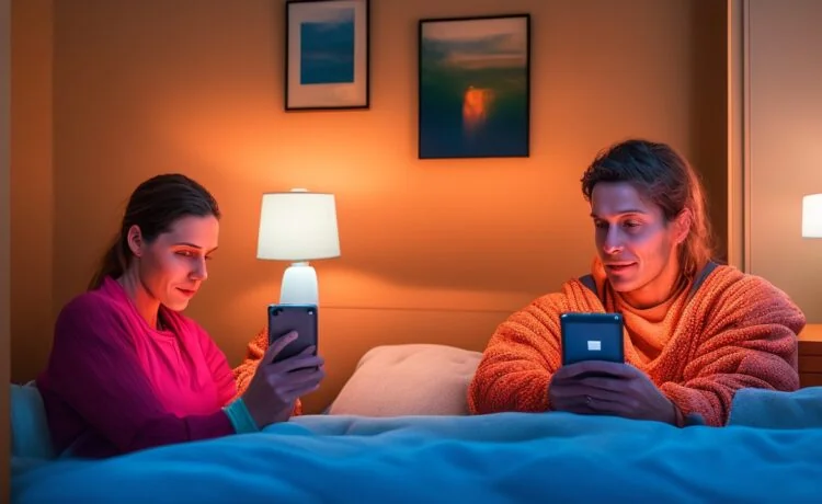 Eine stimmungsvolle, helle Szene in einem modernen Wohnzimmer: eine junge Frau sitzt entspannt mit einem warmen Lächeln vor einem Smartphone, das sanftes Tageslicht auf ihr Gesicht wirft, während sich um sie herum durch natürliche Details wie Pflanzen und Bücher eine Atmosphäre von menschlicher Nähe, Vertrautheit und zarter Melancholie entfaltet.