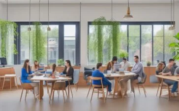 Eine helle, warme Aufnahme eines modernen Coworking-Spaces mit einer multikulturellen Gruppe von Menschen, die entspannt und konzentriert an Laptops zusammenarbeiten, während sanftes Tageslicht durch große Fenster fällt und eine Atmosphäre von innovativem Miteinander und digitaler Vernetzung schafft.