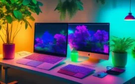 Ein hell erleuchteter moderner Arbeitsplatz mit einem aufgeschlagenen Laptop, auf dem lebendige Farbpaletten und CSS-Code in klarer, natürlicher Beleuchtung zu sehen sind, umgeben von warmen Holzakzenten und grünen Pflanzen, die eine einladende, kreative Entwickleratmosphäre vermitteln.