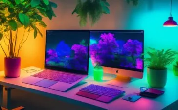 Ein hell erleuchteter moderner Arbeitsplatz mit einem aufgeschlagenen Laptop, auf dem lebendige Farbpaletten und CSS-Code in klarer, natürlicher Beleuchtung zu sehen sind, umgeben von warmen Holzakzenten und grünen Pflanzen, die eine einladende, kreative Entwickleratmosphäre vermitteln.