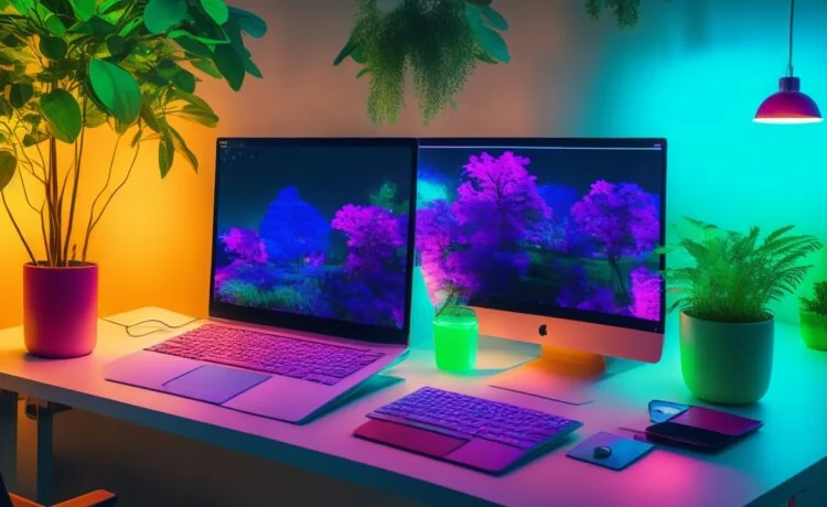 Ein hell erleuchteter moderner Arbeitsplatz mit einem aufgeschlagenen Laptop, auf dem lebendige Farbpaletten und CSS-Code in klarer, natürlicher Beleuchtung zu sehen sind, umgeben von warmen Holzakzenten und grünen Pflanzen, die eine einladende, kreative Entwickleratmosphäre vermitteln.