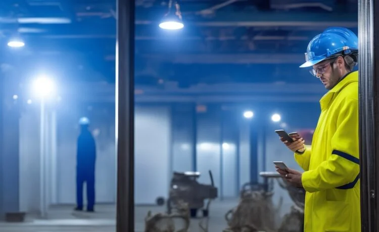 Ein hell erleuchteter, moderner Arbeitsplatz mit einem Smartphone im Vordergrund, auf dem sanftes Tageslicht fällt, während eine entspannte Person im Hintergrund konzentriert arbeitet – die Atmosphäre strahlt Vertrautheit, technische Präsenz und vorsichtige Achtsamkeit aus.