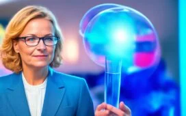 Eine strahlende Büroszene mit einer offenen, freundlichen albanischen Ministerin in moderner Arbeitsumgebung, die konzentriert neben einem digitalen Hologramm oder einem transparenten Bildschirm mit komplexen Daten und KI-Symbolen interagiert, natürliches Tageslicht flutet den Raum und schafft eine warme, einladende Atmosphäre voller Hoffnung und Fortschritt.
