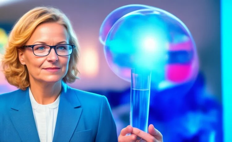 Eine strahlende Büroszene mit einer offenen, freundlichen albanischen Ministerin in moderner Arbeitsumgebung, die konzentriert neben einem digitalen Hologramm oder einem transparenten Bildschirm mit komplexen Daten und KI-Symbolen interagiert, natürliches Tageslicht flutet den Raum und schafft eine warme, einladende Atmosphäre voller Hoffnung und Fortschritt.