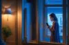 In einem hell erleuchteten, modernen Wohnzimmer hält eine junge Frau lächelnd ihr Smartphone in der Hand, während sanftes Tageslicht durch große Fenster fällt und die warme Atmosphäre eines entspannten Shopping-Erlebnisses mit intelligenter KI-Technologie eindrucksvoll einfängt.