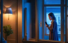 In einem hell erleuchteten, modernen Wohnzimmer hält eine junge Frau lächelnd ihr Smartphone in der Hand, während sanftes Tageslicht durch große Fenster fällt und die warme Atmosphäre eines entspannten Shopping-Erlebnisses mit intelligenter KI-Technologie eindrucksvoll einfängt.
