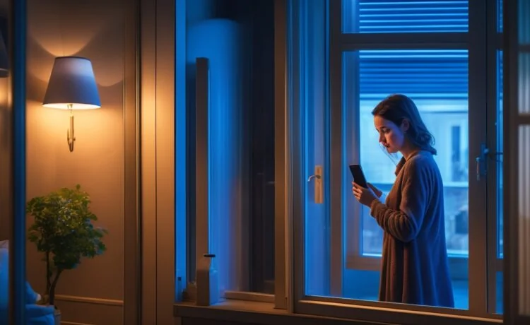 In einem hell erleuchteten, modernen Wohnzimmer hält eine junge Frau lächelnd ihr Smartphone in der Hand, während sanftes Tageslicht durch große Fenster fällt und die warme Atmosphäre eines entspannten Shopping-Erlebnisses mit intelligenter KI-Technologie eindrucksvoll einfängt.