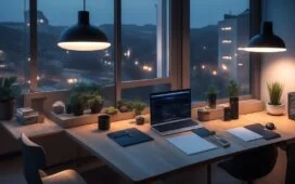 Ein hell erleuchtetes, modernes Arbeitszimmer mit einem schlanken iPhone 17 und der eleganten Apple Watch X auf einem Holztisch, warmes Tageslicht fällt sanft durch das Fenster und betont die hochwertigen Materialien und das zukunftsweisende Design in einem freundlichen, einladenden Ambiente.