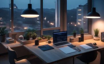 Ein hell erleuchtetes, modernes Arbeitszimmer mit einem schlanken iPhone 17 und der eleganten Apple Watch X auf einem Holztisch, warmes Tageslicht fällt sanft durch das Fenster und betont die hochwertigen Materialien und das zukunftsweisende Design in einem freundlichen, einladenden Ambiente.