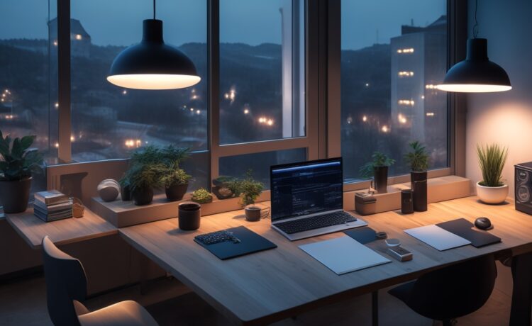 Ein hell erleuchtetes, modernes Arbeitszimmer mit einem schlanken iPhone 17 und der eleganten Apple Watch X auf einem Holztisch, warmes Tageslicht fällt sanft durch das Fenster und betont die hochwertigen Materialien und das zukunftsweisende Design in einem freundlichen, einladenden Ambiente.