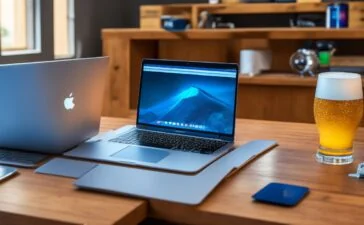 Ein strahlend helles, editorial fotografiertes Bild zeigt in warmem, natürlichem Licht einen modernen Arbeitsplatz mit einem fein designten Apple MacBook und dem neuesten iPhone, umgeben von minimalistischen, nachhaltigen Dekorelementen, die Innovation und Zukunftsvision harmonisch verbinden.