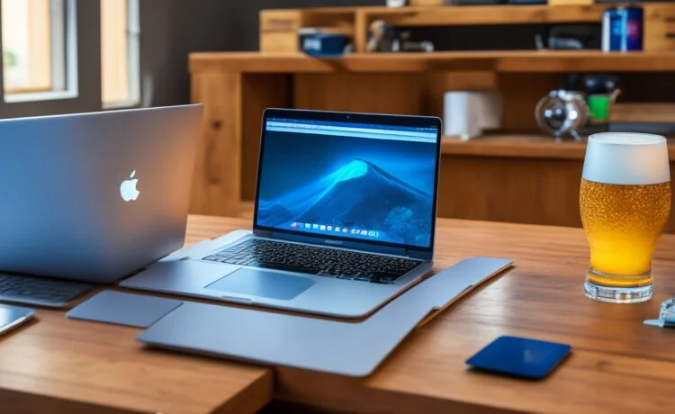 Ein strahlend helles, editorial fotografiertes Bild zeigt in warmem, natürlichem Licht einen modernen Arbeitsplatz mit einem fein designten Apple MacBook und dem neuesten iPhone, umgeben von minimalistischen, nachhaltigen Dekorelementen, die Innovation und Zukunftsvision harmonisch verbinden.