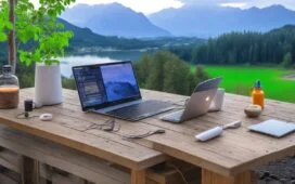 Ein sonnendurchfluteter Arbeitsplatz mit einem modernen Apple-Notebook und Smartphone auf einem hellen Holztisch, umgeben von warmen Farbtönen und sanft strahlendem Tageslicht, das eine ruhige, zugleich aber nachdenkliche Atmosphäre schafft und die subtile Spannung zwischen digitaler Sicherheit und Bedrohung widerspiegelt.