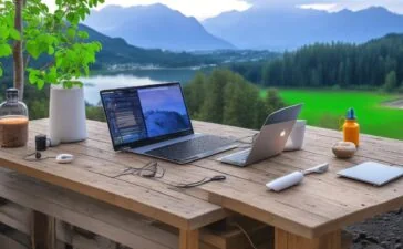 Ein sonnendurchfluteter Arbeitsplatz mit einem modernen Apple-Notebook und Smartphone auf einem hellen Holztisch, umgeben von warmen Farbtönen und sanft strahlendem Tageslicht, das eine ruhige, zugleich aber nachdenkliche Atmosphäre schafft und die subtile Spannung zwischen digitaler Sicherheit und Bedrohung widerspiegelt.