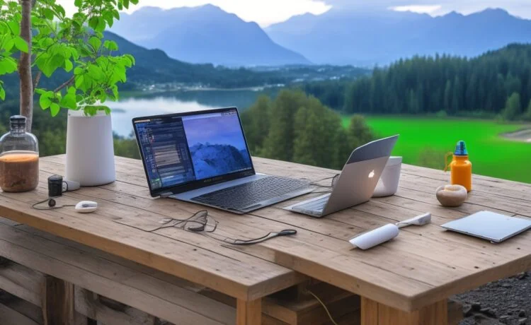 Ein sonnendurchfluteter Arbeitsplatz mit einem modernen Apple-Notebook und Smartphone auf einem hellen Holztisch, umgeben von warmen Farbtönen und sanft strahlendem Tageslicht, das eine ruhige, zugleich aber nachdenkliche Atmosphäre schafft und die subtile Spannung zwischen digitaler Sicherheit und Bedrohung widerspiegelt.