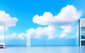 Ein lichtdurchfluteter, moderner Büroarbeitsplatz mit fokussierten IT-Profis, die gemeinsam mit digitaler Cloud-Architektur im Hintergrund an der Migration von komplexen Datenstrukturen arbeiten – eine warme Atmosphäre voller Zuversicht und dynamischer Zusammenarbeit im Wandel zur Cloud.