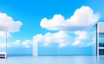 Ein lichtdurchfluteter, moderner Büroarbeitsplatz mit fokussierten IT-Profis, die gemeinsam mit digitaler Cloud-Architektur im Hintergrund an der Migration von komplexen Datenstrukturen arbeiten – eine warme Atmosphäre voller Zuversicht und dynamischer Zusammenarbeit im Wandel zur Cloud.