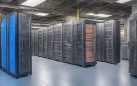 Ein hell erleuchteter, moderner IT-Arbeitsplatz mit freundlichen Experten, die konzentriert an vernetzten Server-Racks und großen Bildschirmen mit Echtzeit-Daten arbeiten, umgeben von warmem Tageslicht, das eine Atmosphäre von Klarheit, Innovation und teamorientierter Effizienz schafft.