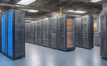 Ein hell erleuchteter, moderner IT-Arbeitsplatz mit freundlichen Experten, die konzentriert an vernetzten Server-Racks und großen Bildschirmen mit Echtzeit-Daten arbeiten, umgeben von warmem Tageslicht, das eine Atmosphäre von Klarheit, Innovation und teamorientierter Effizienz schafft.