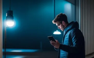 Ein hell erleuchteter, moderner Arbeitsplatz mit entspannt lächelndem jungen Menschen, der sorgsam sein Android-Smartphone überprüft, umgeben von warmem Tageslicht und natürlichen Details, die Vertrauen und Achtsamkeit im Umgang mit mobiler Sicherheit vermitteln.