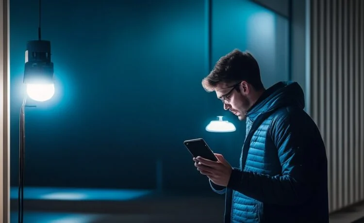 Ein hell erleuchteter, moderner Arbeitsplatz mit entspannt lächelndem jungen Menschen, der sorgsam sein Android-Smartphone überprüft, umgeben von warmem Tageslicht und natürlichen Details, die Vertrauen und Achtsamkeit im Umgang mit mobiler Sicherheit vermitteln.