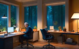 Ein warm beleuchtetes, modernes Büro mit Bill Gates, der lächelnd am Schreibtisch mit einem Headset in einem freundlichen Kundendienst-Setting sitzt, umgeben von natürlichen Lichtstrahlen durch große Fenster, während im Hintergrund diskret Technologie-Elemente und Bildschirme mit KI-Symbolik für empathische Kommunikation und fortschrittliche Mensch-Maschine-Interaktion sichtbar sind.