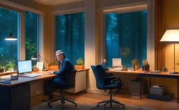 Ein warm beleuchtetes, modernes Büro mit Bill Gates, der lächelnd am Schreibtisch mit einem Headset in einem freundlichen Kundendienst-Setting sitzt, umgeben von natürlichen Lichtstrahlen durch große Fenster, während im Hintergrund diskret Technologie-Elemente und Bildschirme mit KI-Symbolik für empathische Kommunikation und fortschrittliche Mensch-Maschine-Interaktion sichtbar sind.