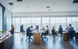 In einem modernen, lichtdurchfluteten Büro mit Panoramafenstern blickt ein inspirierendes Team aus Forschern und Entwicklern während eines kreativen Meetings lächelnd auf Bildschirme, die komplexe KI-Daten und digitale Netzwerke zeigen, umgeben von natürlichen Holzelementen, die den Schwarzwald subtil widerspiegeln und eine warme, einladende Atmosphäre schaffen.