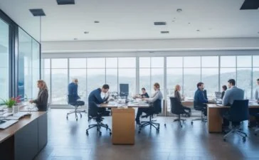 In einem modernen, lichtdurchfluteten Büro mit Panoramafenstern blickt ein inspirierendes Team aus Forschern und Entwicklern während eines kreativen Meetings lächelnd auf Bildschirme, die komplexe KI-Daten und digitale Netzwerke zeigen, umgeben von natürlichen Holzelementen, die den Schwarzwald subtil widerspiegeln und eine warme, einladende Atmosphäre schaffen.