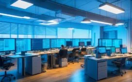 Ein warm beleuchtetes, modernes Entwicklerbüro bei Tageslicht, in dem konzentrierte Java-Programmierer lebhaft an Laptops arbeiten, umgeben von Bildschirmen mit komplexem Code und dynamischer Datenvisualisierung, die die Faszination und Präzision der Bytecode-Manipulation mit der einladenden Atmosphäre innovativer Teamarbeit verbindet.