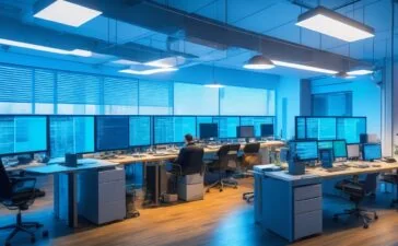 Ein warm beleuchtetes, modernes Entwicklerbüro bei Tageslicht, in dem konzentrierte Java-Programmierer lebhaft an Laptops arbeiten, umgeben von Bildschirmen mit komplexem Code und dynamischer Datenvisualisierung, die die Faszination und Präzision der Bytecode-Manipulation mit der einladenden Atmosphäre innovativer Teamarbeit verbindet.